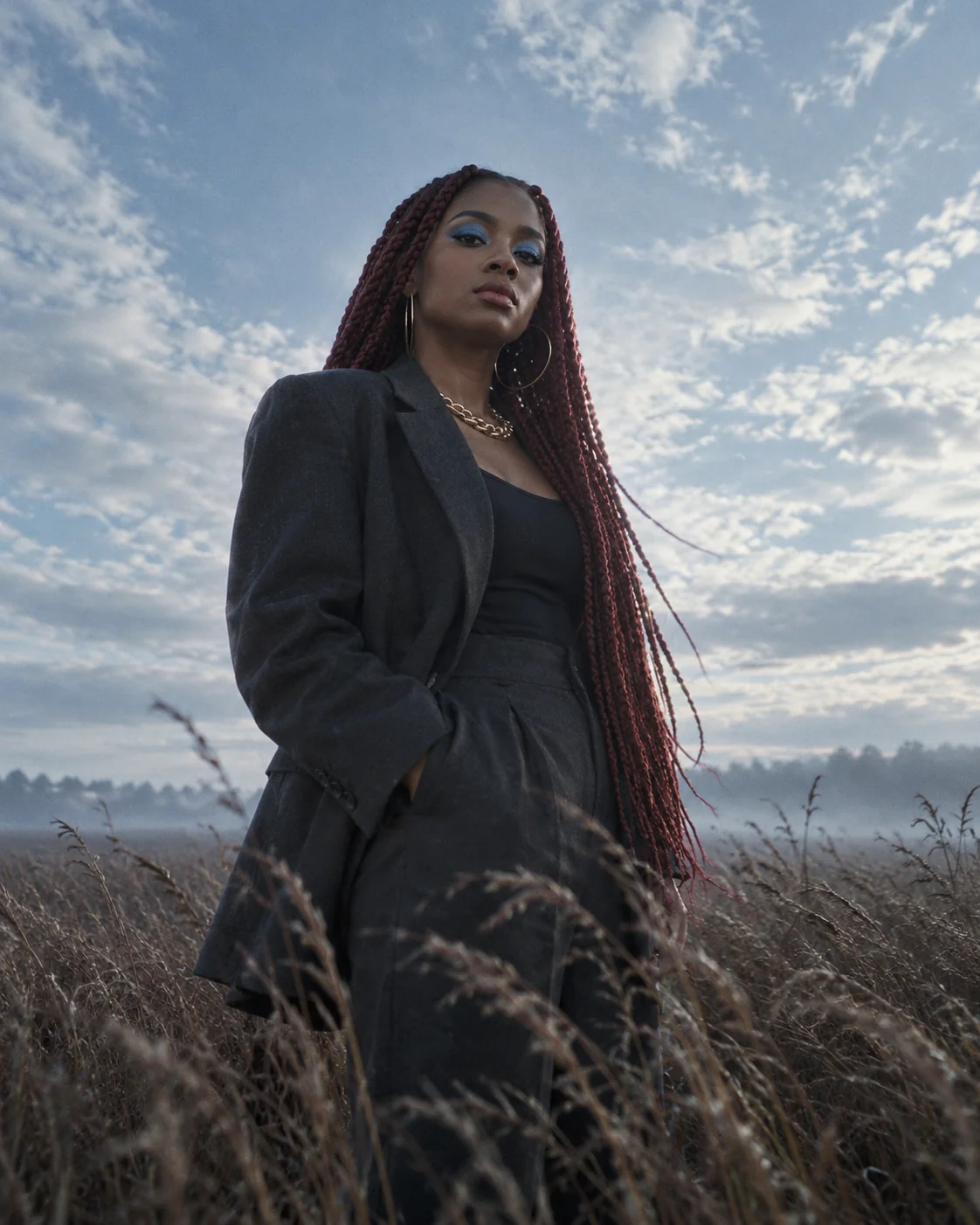 Mulher com figurino preto em um campo aberto sob céu nublado