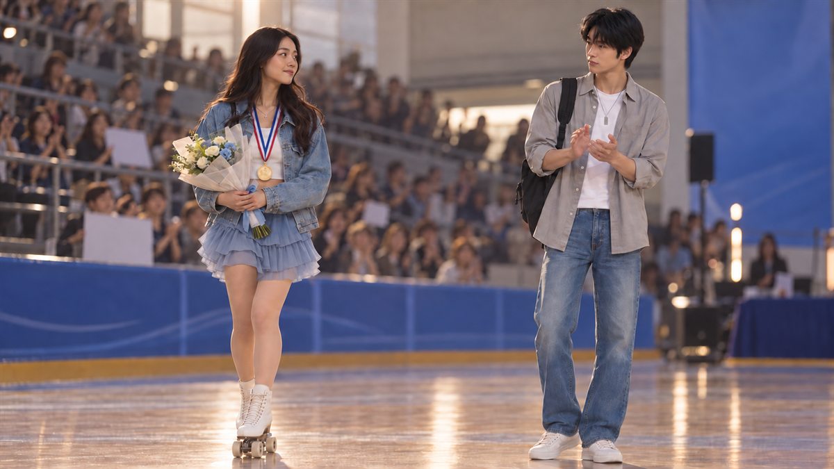 Mina com a medalha e o buquê depois da apresentação de patins, com Jun ao fundo